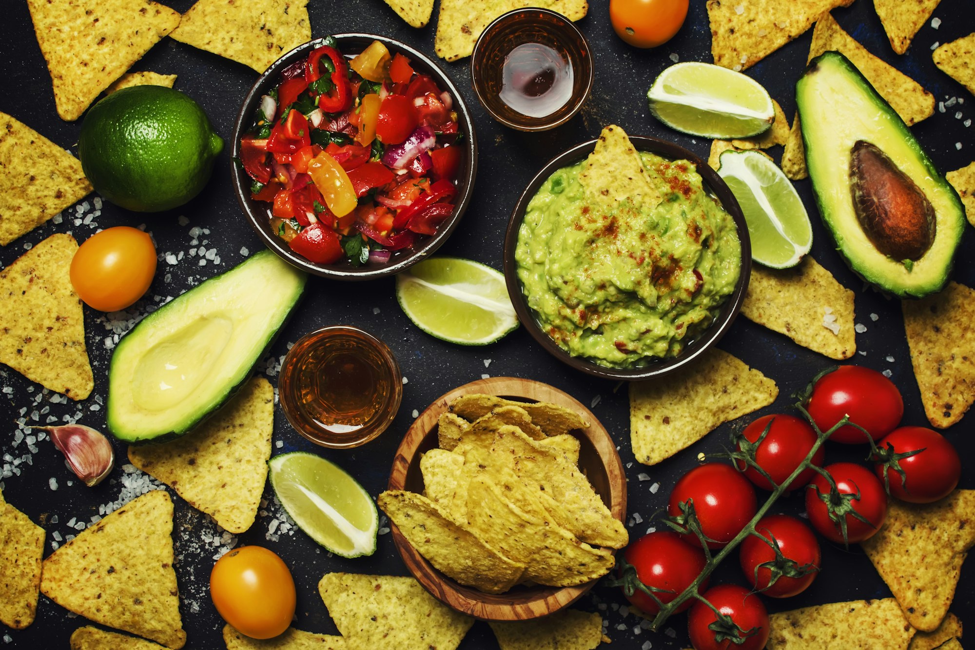 Tex-Mex Concept, Nachos, Guacamole, Salsa Sauce, Food Background, Top View